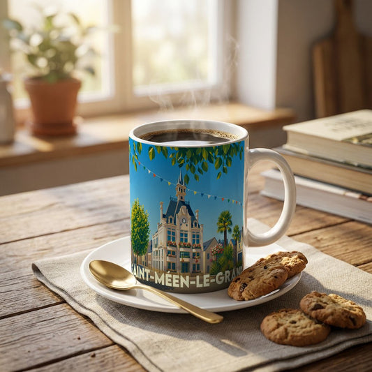 Mug souvenir de la ville de Saint-Méen-le-Grand avec une illustration stylisée et colorée.