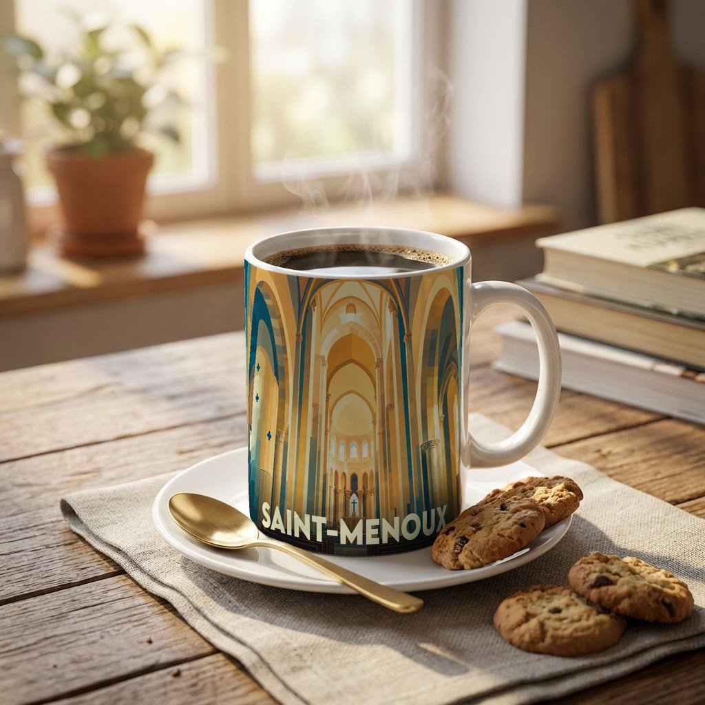 Mug souvenir de la ville de Saint-Menoux orné d'une illustration stylisée de l'intérieur de son église.