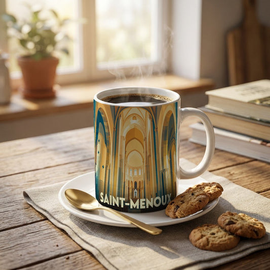Mug souvenir de la ville de Saint-Menoux orné d'une illustration stylisée de l'intérieur de son église.