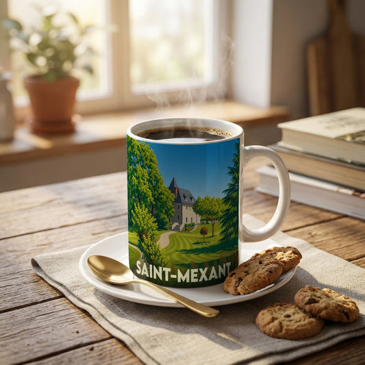 Mug souvenir de la ville de Saint-Mexant orné d'une illustration stylisée représentant un château dans un parc verdoyant.