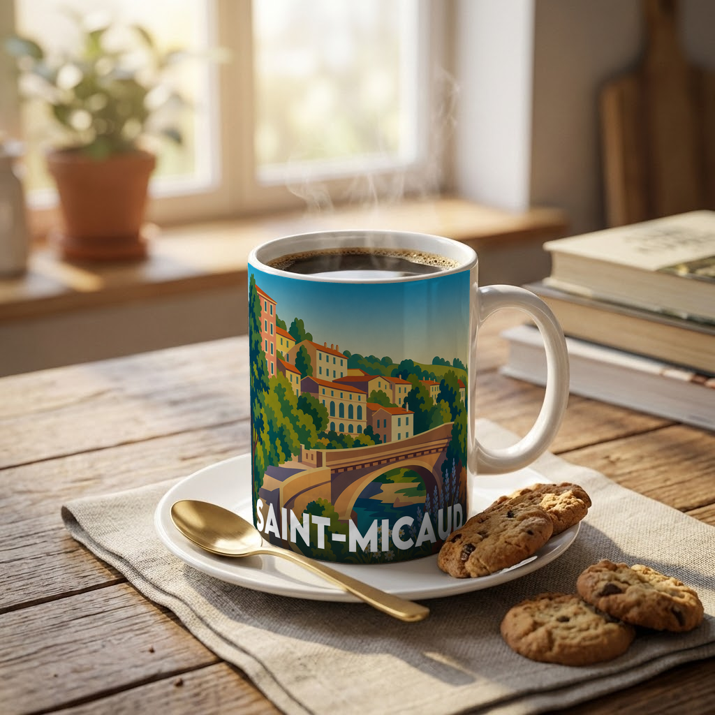 Mug souvenir de la ville de Saint-Micaud avec une illustration stylisée.