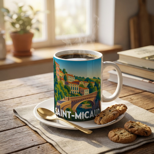 Mug souvenir de la ville de Saint-Micaud avec une illustration stylisée.