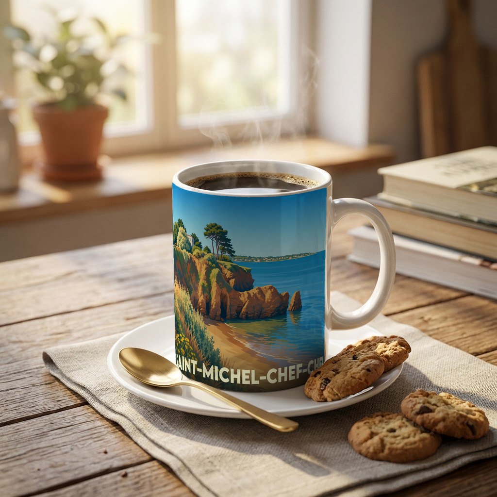 Mug souvenir de la ville de Saint-Michel-Chef-Chef avec une illustration stylisée du littoral.