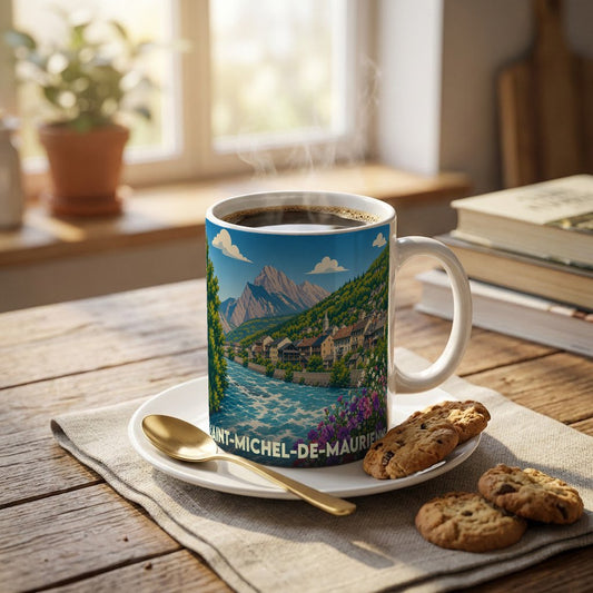 Mug souvenir de la ville de Saint-Michel-de-Maurienne avec une illustration stylisée d'un paysage montagneux.