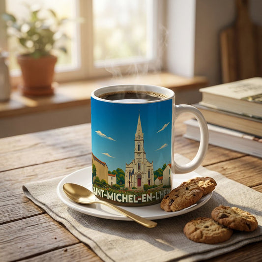 Mug souvenir de la ville de Saint-Michel-en-l'Herm avec une illustration stylisée d'une église sous un ciel bleu.