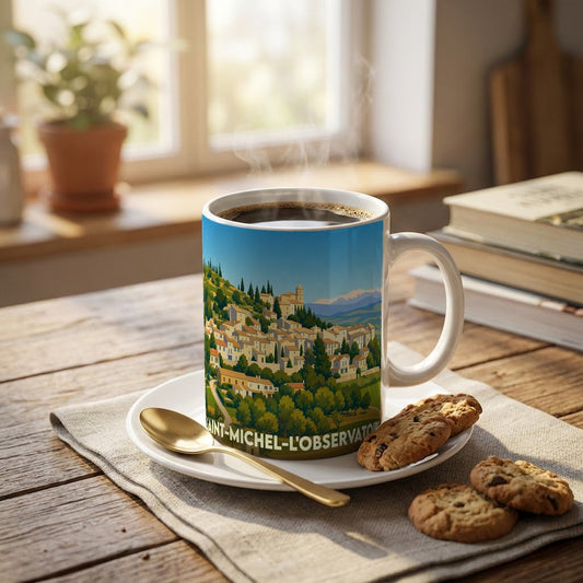 Mug souvenir de Saint-Michel-l'Observatoire avec une illustration stylisée du village et de son paysage.