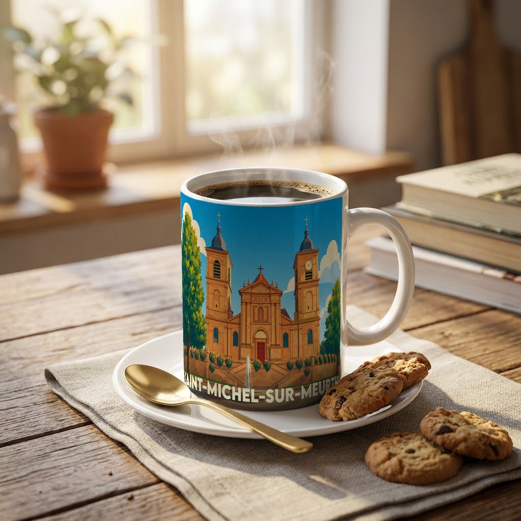 Mug souvenir de la ville de Saint-Michel-sur-Meurthe illustré d'un dessin stylisé de son église.