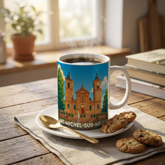 Mug souvenir de la ville de Saint-Michel-sur-Meurthe illustré d'un dessin stylisé de son église.