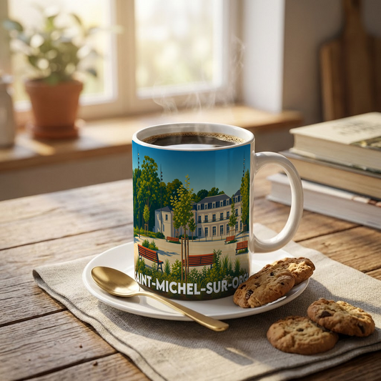 Mug souvenir de la ville de Saint-Michel-sur-Orge avec une illustration stylisée de son patrimoine.