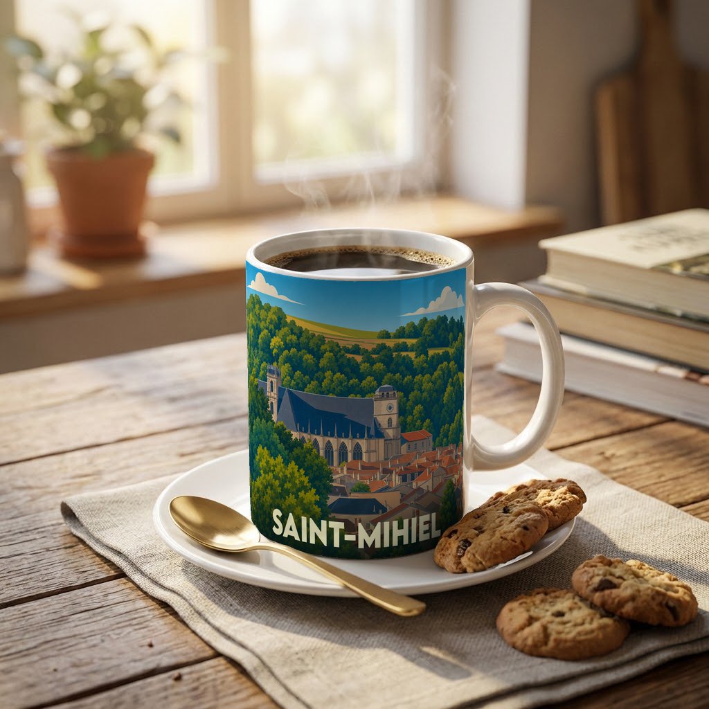 Mug souvenir de la ville de Saint-Mihiel avec une illustration stylisée de son église et de ses paysages verdoyants.