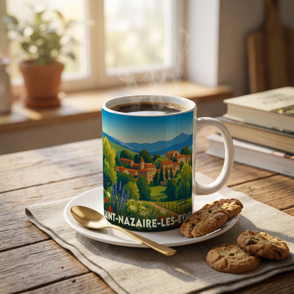 Mug souvenir de la ville de Saint-Nazaire-les-Eymes avec une illustration stylisée de paysages provençaux.