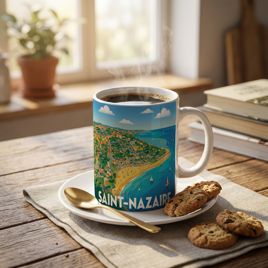 Mug souvenir de la ville de Saint-Nazaire avec une illustration stylisée de son littoral.