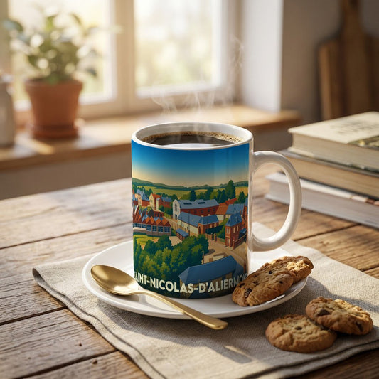 Mug souvenir de la ville de Saint-Nicolas-d'Aliermont avec une illustration stylisée.
