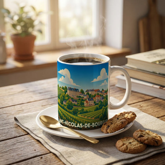 Mug souvenir de la ville de Saint-Nicolas-de-Bourgueil avec une illustration stylisée de son paysage viticole.