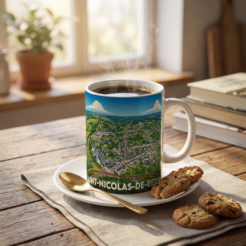 Mug souvenir de la ville de Saint-Nicolas-de-Redon avec une illustration panoramique stylisée.