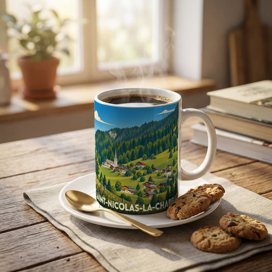 Mug souvenir de la ville de Saint-Nicolas-la-Chapelle avec une illustration de paysage de montagne.