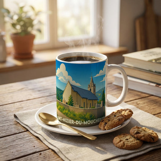 Mug souvenir de la ville de Saint-Nizier-du-Moucherotte avec une illustration stylisée d'une église de montagne.