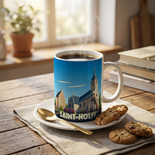 Mug souvenir de la ville de Saint-Nolff avec une illustration stylisée d'une église sous un ciel bleu.