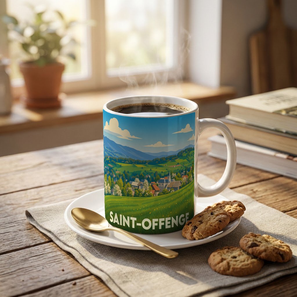 Mug souvenir de la ville de Saint-Offenge illustré d'un paysage verdoyant de campagne et de montagnes.