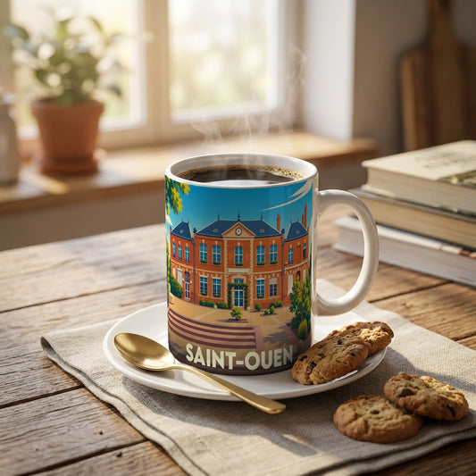Mug souvenir de la ville de Saint-Ouen avec une illustration stylisée de son patrimoine architectural.