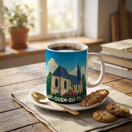 Mug souvenir de la ville de Saint-Ouen-du-Tilleul avec une illustration stylisée de son église.