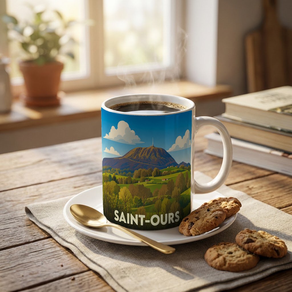 Mug souvenir de la ville de Saint-Ours orné d'une illustration stylisée du Puy de Dôme.