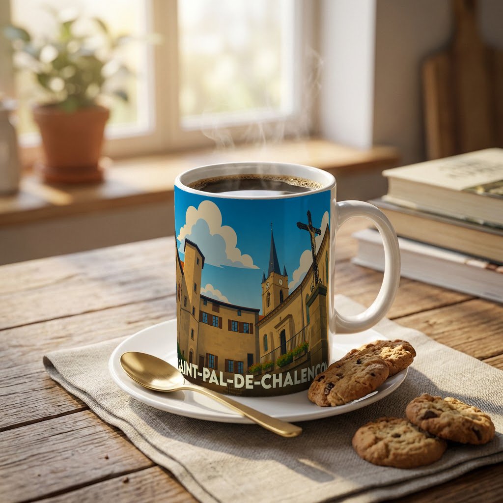 Mug souvenir de la ville de Saint-Pal-de-Chalencon avec une illustration stylisée de son église et de ses bâtiments historiques.