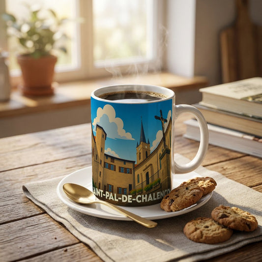 Mug souvenir de la ville de Saint-Pal-de-Chalencon avec une illustration stylisée de son église et de ses bâtiments historiques.