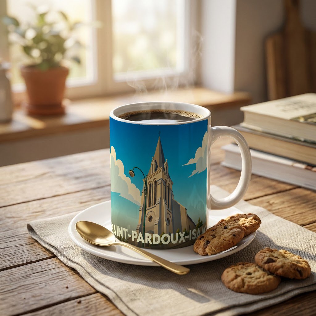 Mug souvenir de la ville de Saint-Pardoux-Isaac orné d'une illustration stylisée de son église.