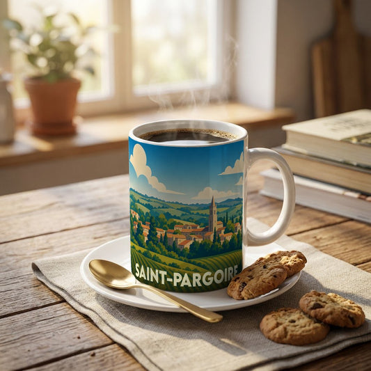 Mug souvenir de la ville de Saint-Pargoire orné d'une illustration stylisée de son paysage vallonné.