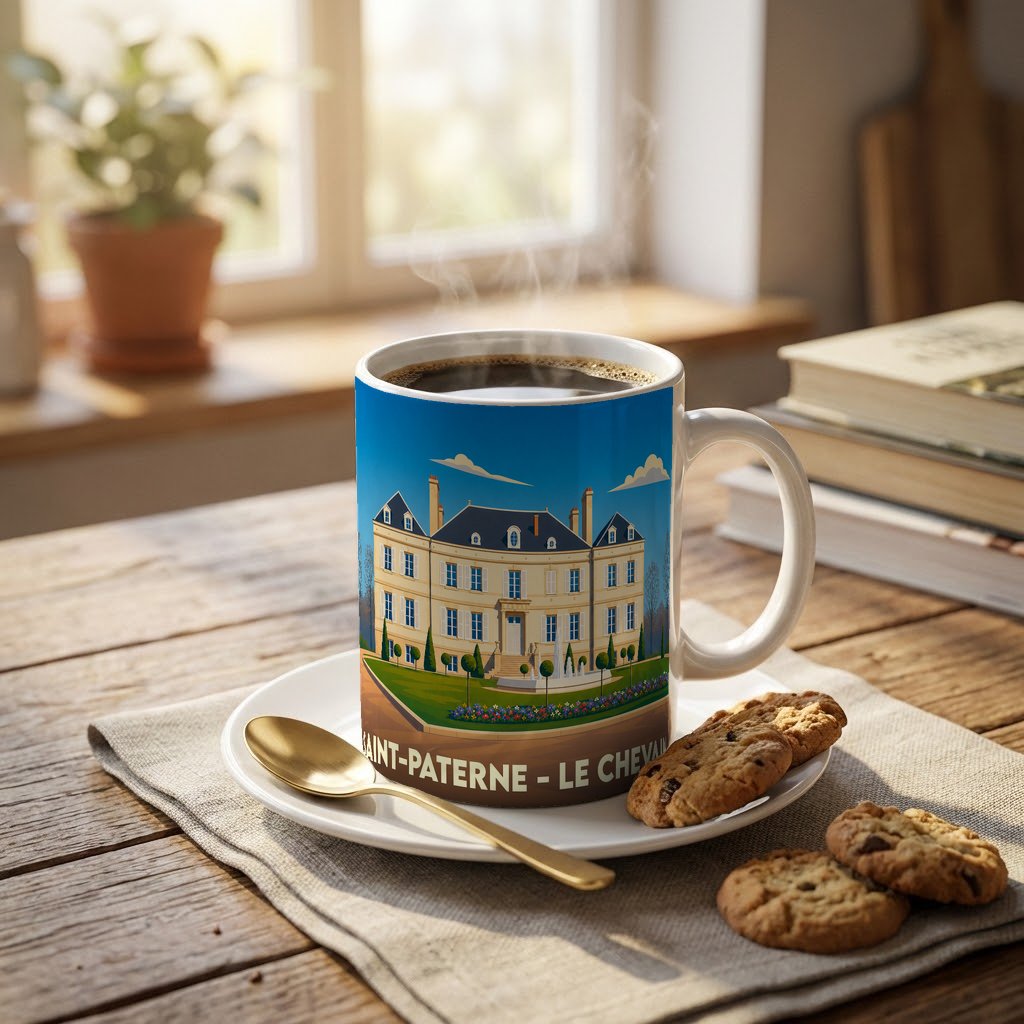 Mug souvenir de la ville de Saint-Paterne orné d'une illustration stylisée de son château.