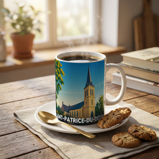 Mug souvenir de la ville de Saint-Patrice-du-Désert avec une illustration stylisée de son église.