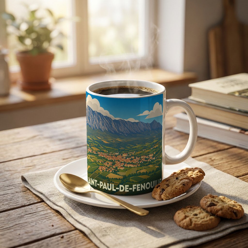 Mug souvenir de la ville de Saint-Paul-de-Fenouillet orné d'une illustration panoramique de sa vallée.