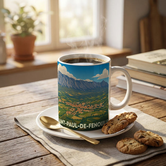 Mug souvenir de la ville de Saint-Paul-de-Fenouillet orné d'une illustration panoramique de sa vallée.