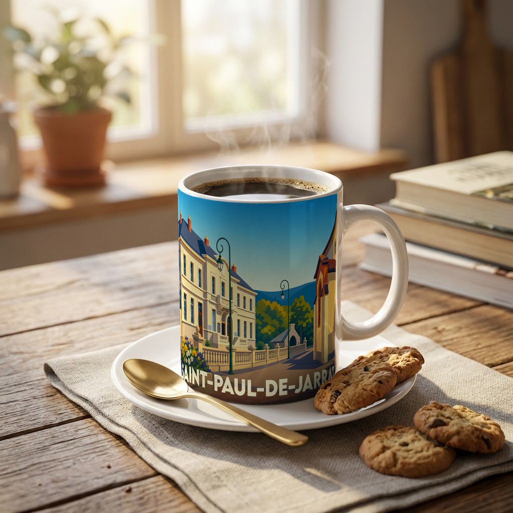 Mug souvenir de la ville de Saint-Paul-de-Jarrat avec une illustration stylisée.