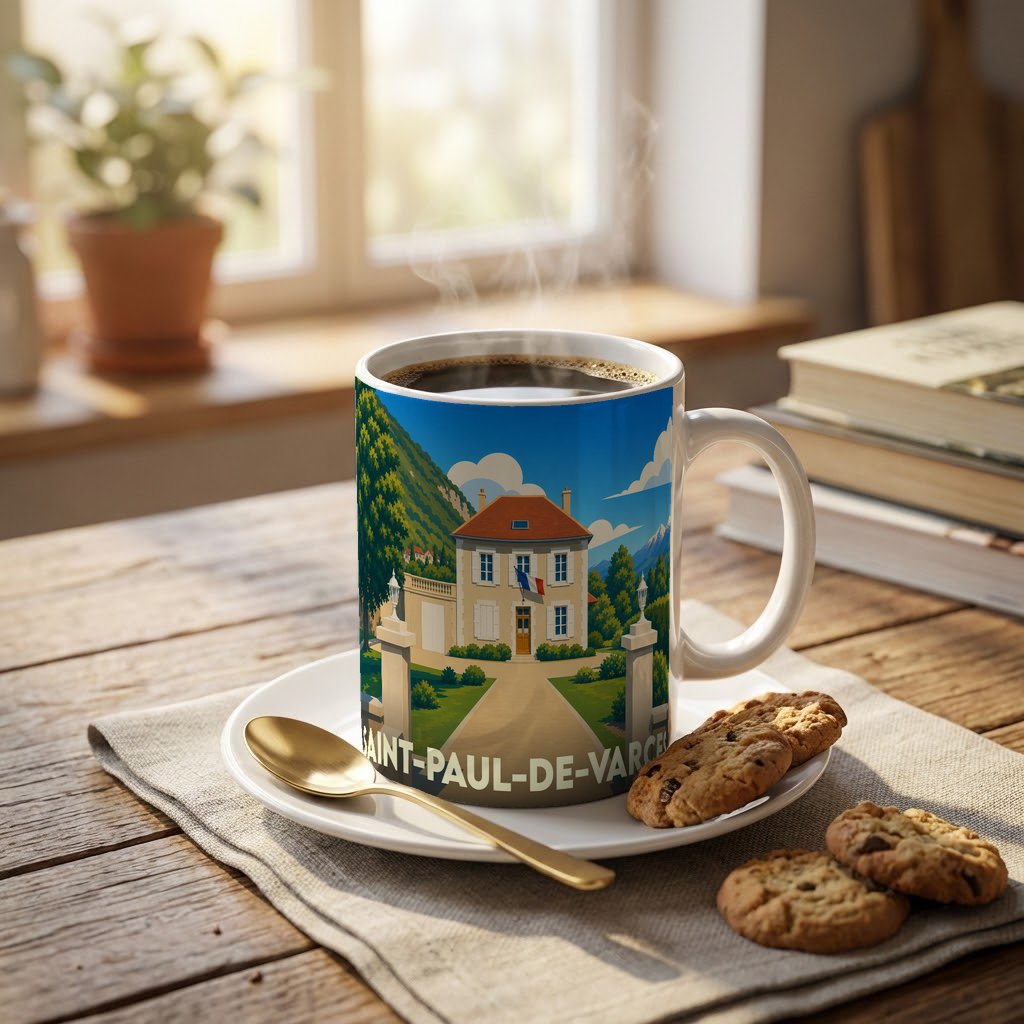 Mug souvenir de la ville de Saint-Paul-de-Varces avec une illustration stylisée d'une maison de maître.