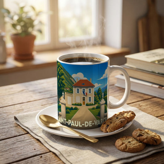 Mug souvenir de la ville de Saint-Paul-de-Varces avec une illustration stylisée d'une maison de maître.