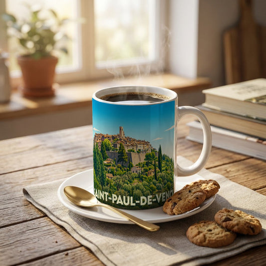 Mug souvenir de la ville de Saint-Paul-de-Vence avec une illustration stylisée de son village perché.