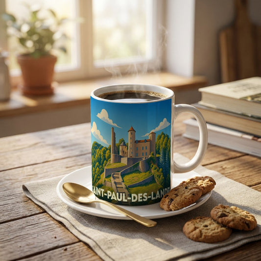Mug souvenir de la ville de Saint-Paul-des-Landes orné d'une illustration stylisée de son patrimoine.