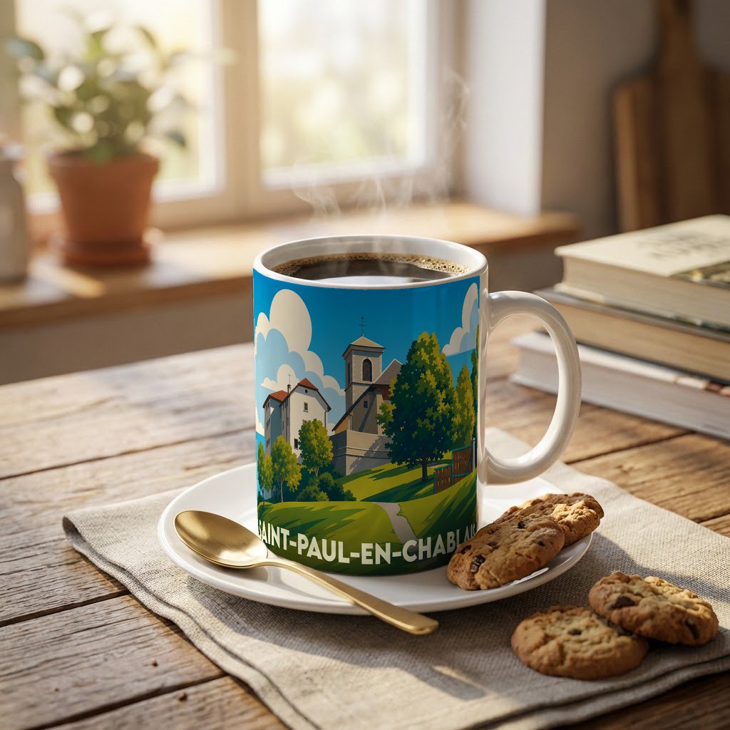 Mug souvenir de la ville de Saint-Paul-en-Chablais avec une illustration stylisée d'un paysage de village.