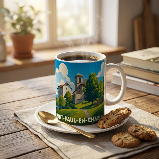 Mug souvenir de la ville de Saint-Paul-en-Chablais avec une illustration stylisée d'un paysage de village.