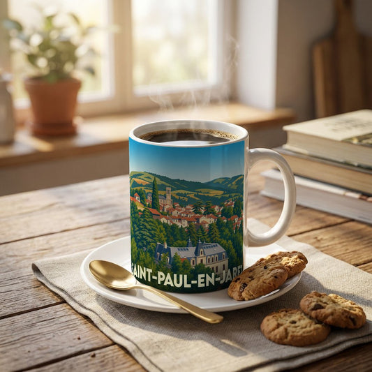 Mug souvenir de la ville de Saint-Paul-en-Jarez avec une illustration stylisée d'un paysage vallonné.