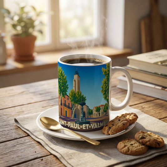 Mug souvenir de la ville de Saint-Paul-et-Valmalle avec une illustration stylisée de son centre historique.