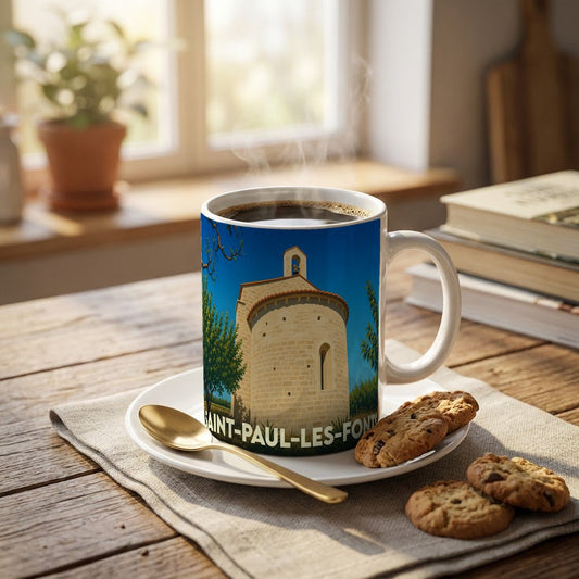 Mug souvenir de la ville de Saint-Paul-les-Fonts illustré d'un bâtiment historique stylisé.