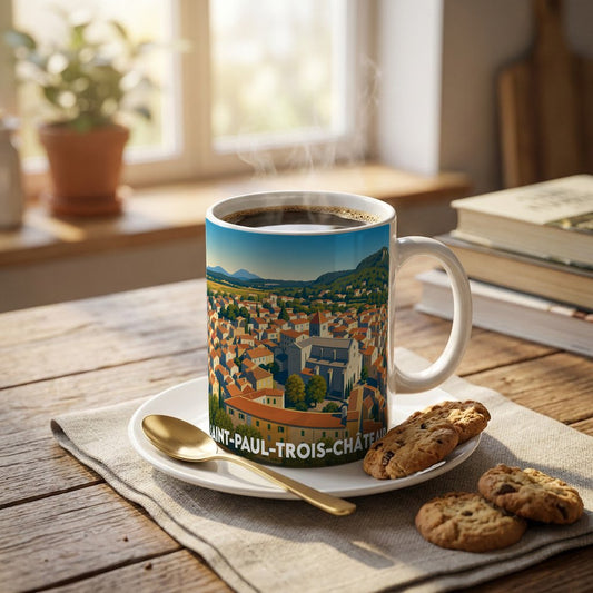 Mug souvenir de la ville de Saint-Paul-Trois-Châteaux avec une illustration stylisée d'un paysage urbain provençal.