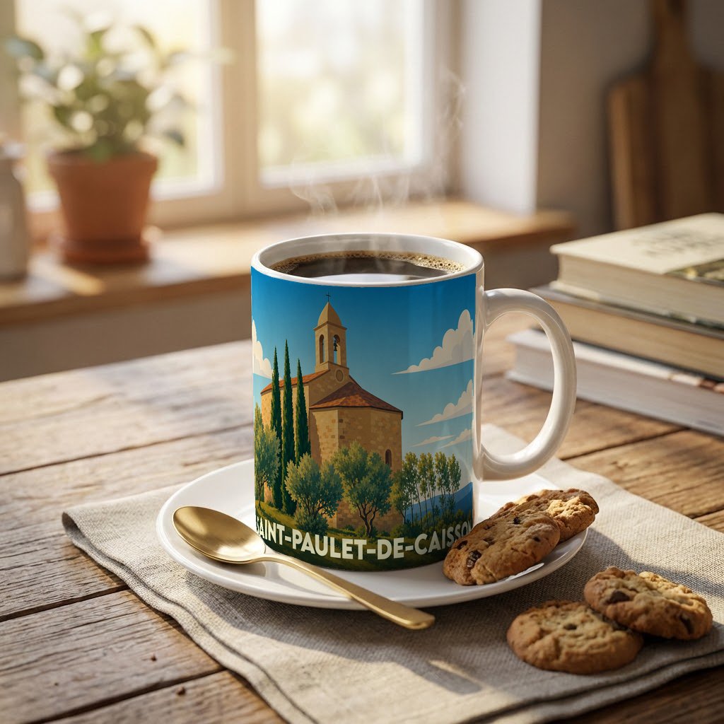 Mug souvenir de la ville de Saint-Paulet-de-Caisson orné d'une illustration stylisée de son église et de paysages provençaux.