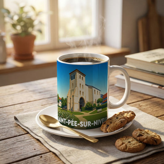 Mug souvenir de la ville de Saint-Pée-sur-Nivelle avec une illustration stylisée de son église.
