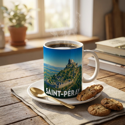 Mug souvenir de la ville de Saint-Péray orné d'une illustration stylisée du château de Crussol.