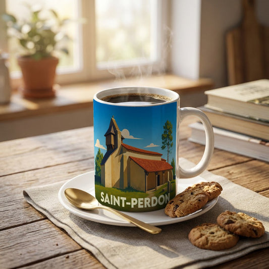 Mug souvenir de la ville de Saint-Perdon avec une illustration stylisée de son église.