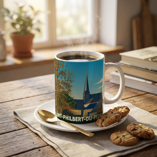 Mug souvenir de la ville de Saint-Philbert-du-Peuple avec une illustration stylisée de son église.